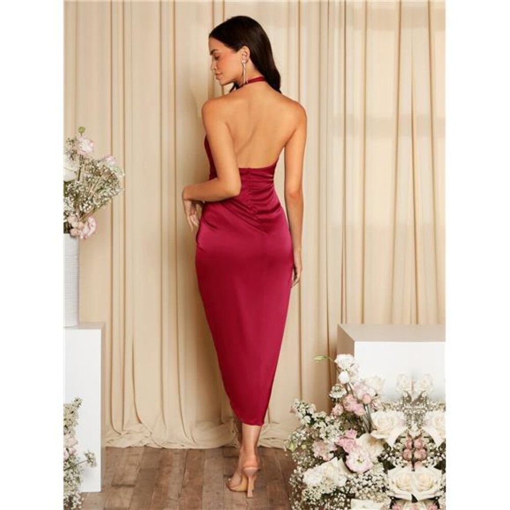 NEW - Burgundy Red Solid Draped Backless Halterne… - image 2